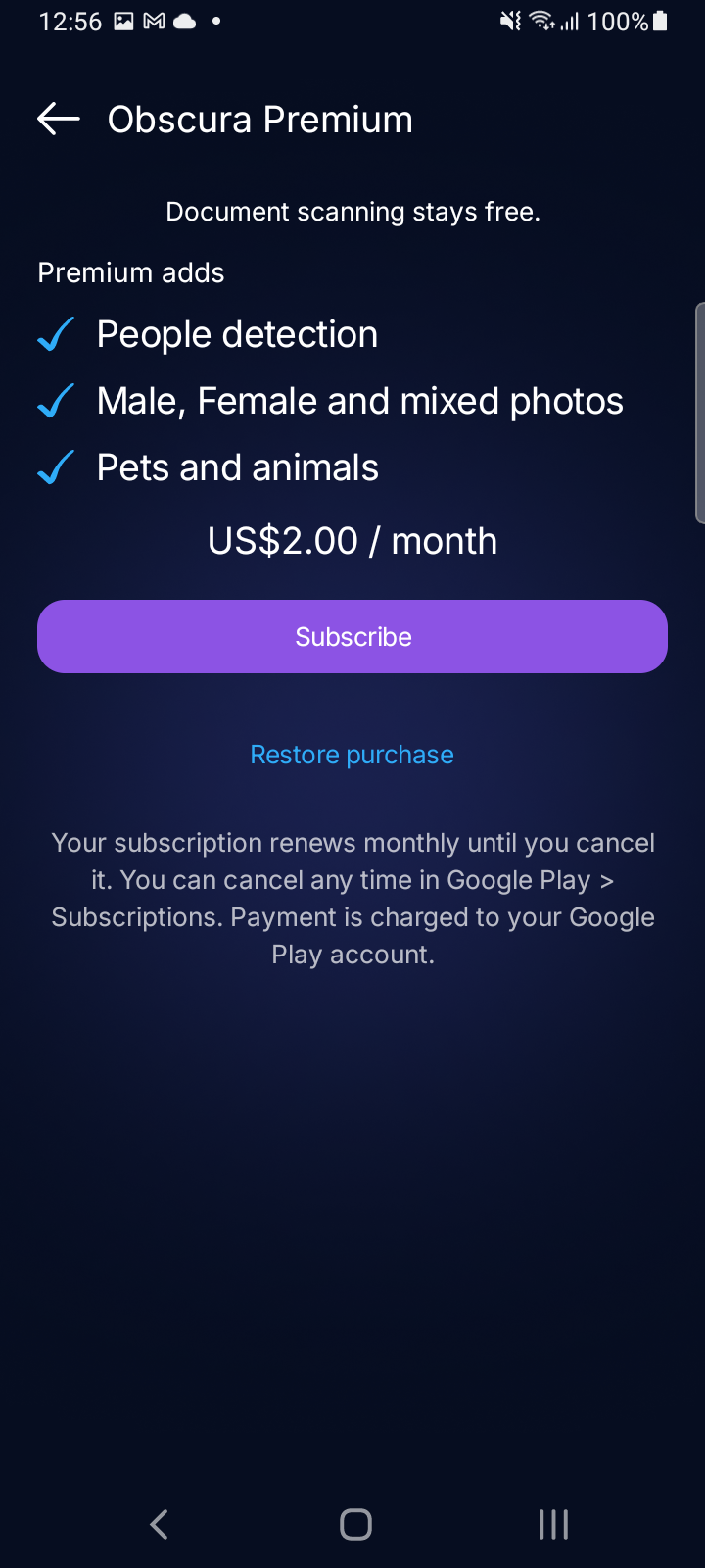 Obscura Premium subscription screen